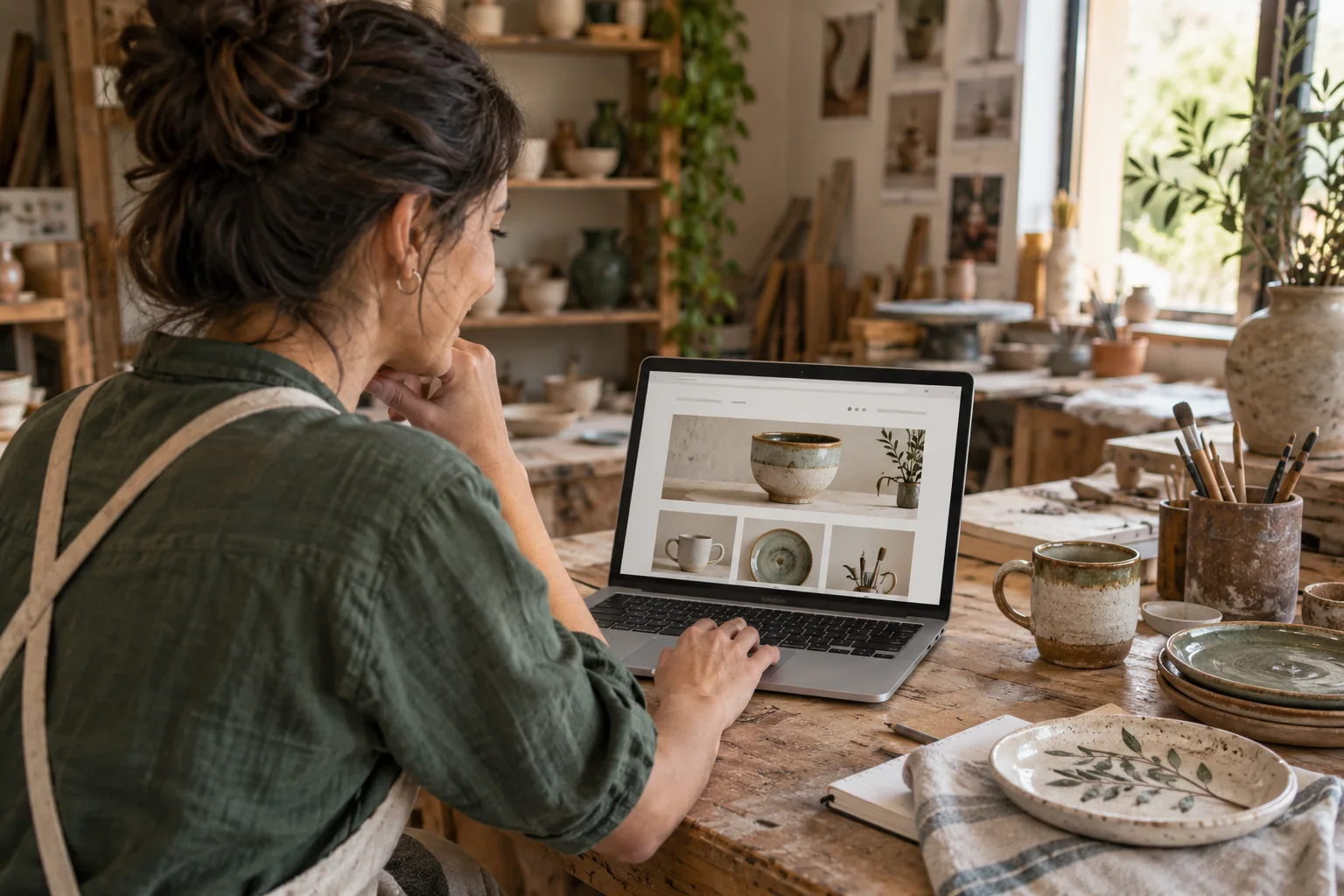 Artesana revisando la web de sus productos desde su propio taller