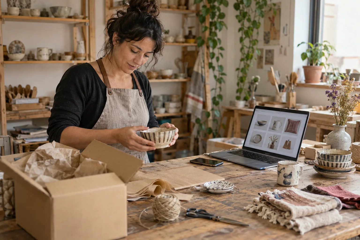 Artesana preparando sus productos para venderlos por Internet