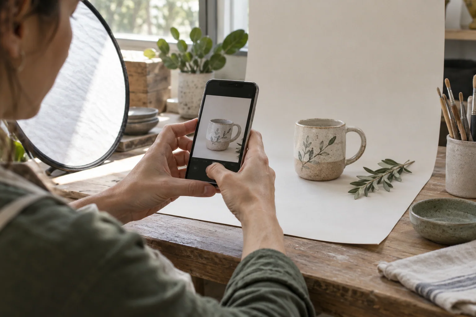 Artesana fotografiando una pieza para el catálogo digital de su taller
