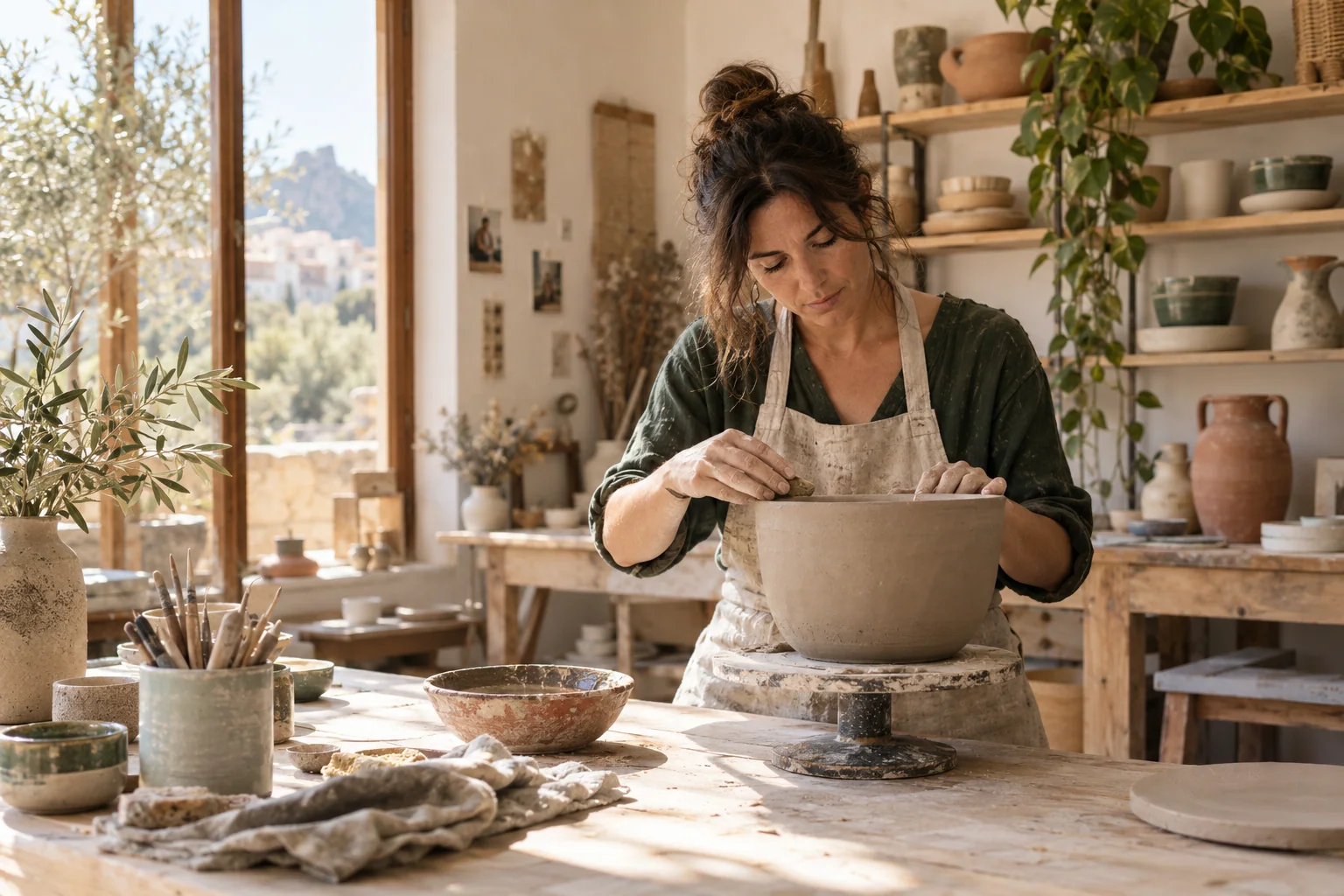 Artesana dando forma a una pieza de cerámica en su taller